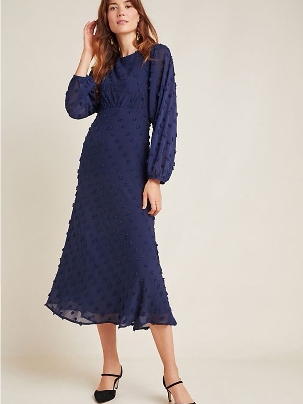 Anthropologie Navy Midi Dress with Raised Dot Texture